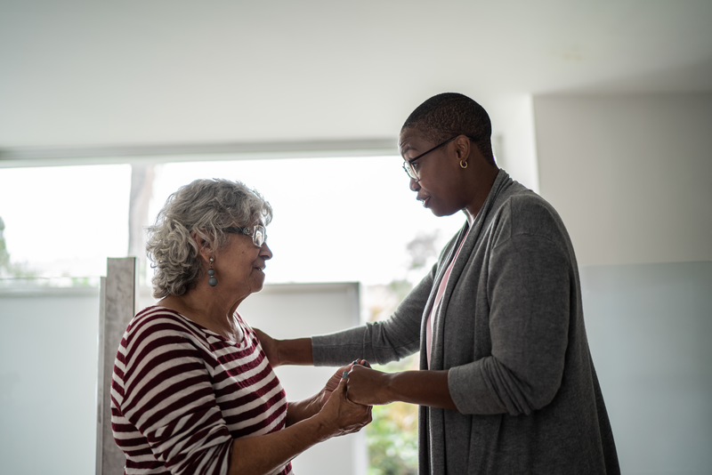 Senior woman talking with a caregiver at home - stock photo
Senior woman talking with a caregiver at home